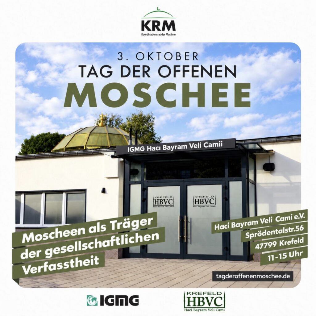 Flyer: Tag der offenen Moschee am 3. Oktober 2026, 11–15 Uhr, Haci Bayram Veli Cami e.V., Sprödentalstr. 56, 47799 Krefeld